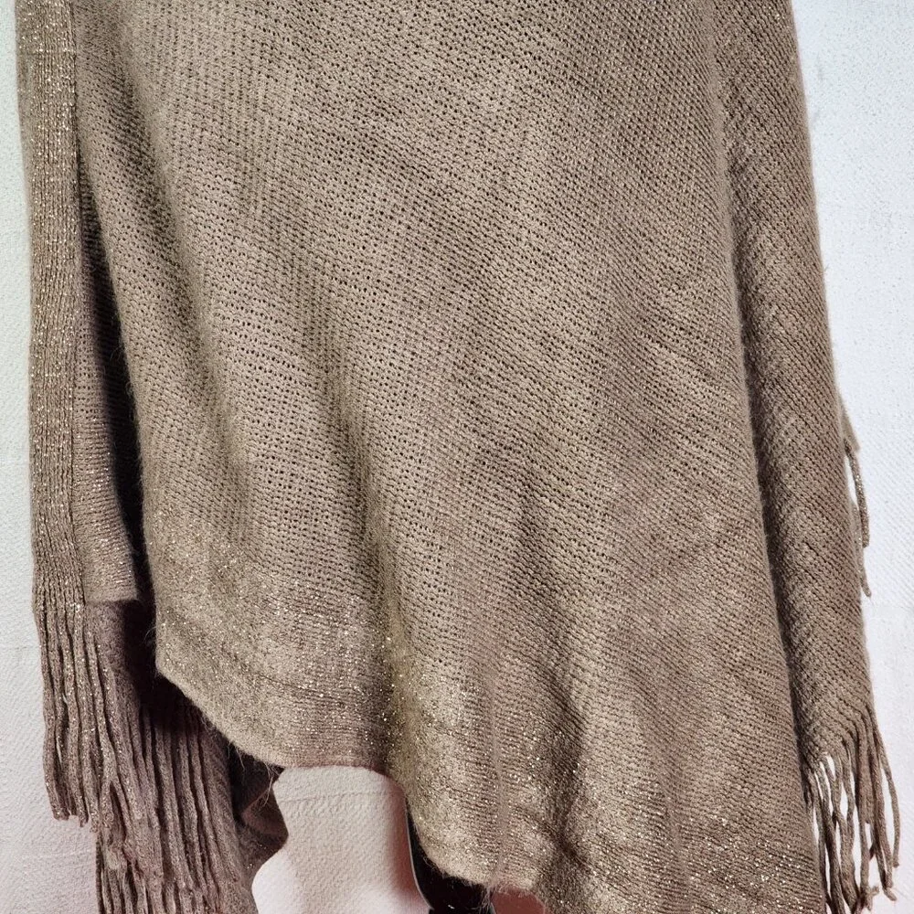 Unbranded Womens Dark Tan with Gold Metallic Trim Acrylic Sweater Poncho OSFM - Picture 7 of 16